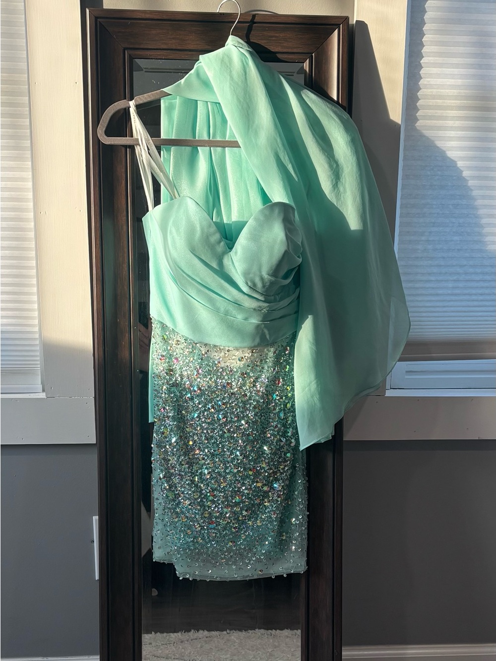 Terani Couture Mint Sequin Strapless Mini with Sheer Shawl